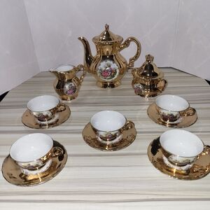 Vintage Toy 15 pc Porcelain Gold Demitasse Tea Set Hand Painted Made In Japan